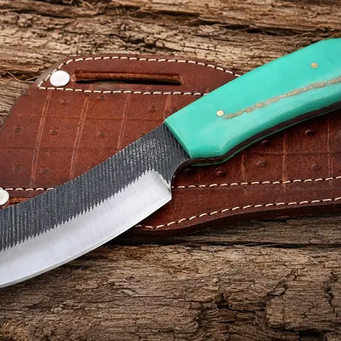 Hand Forged Railroad Spike Fixed Blade Knife - Rustic Stainless Steel Cutting Tool, Multi Use Knife with Acrylic-Resin Handle, 1 × Engraved Leather Sheath