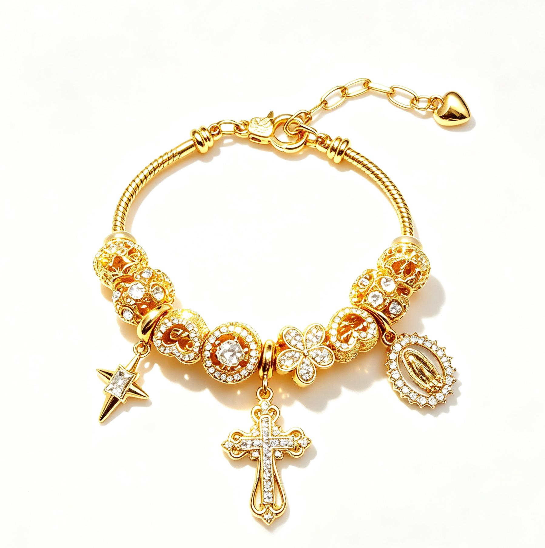 Gold-Tone Cross Star Charm Bracelet for Women, Crystal Multi-Charm Bracelet, Vintage Statement Jewelry Gift