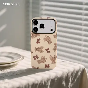 Teddy Bear & Bowknot Pattern 2 in 1 PC Hard + TPU Soft Phone Case, Matte/Glossy Matching Phone Case, Funda Para Phone Cover Phone, Cute Gift Phone Case for iPhone 11 12 13 14 15 16 16e 17 Pro ProMax Air,Galaxy S26 S25 A56 A55 A17 A16