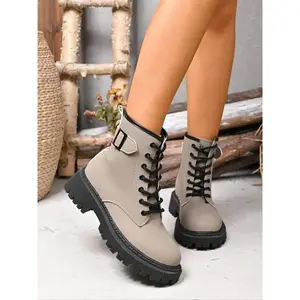 Women's Fashionable Lace Up Front Platform Combat Boots, Casual Comfortable Round Toe Boots for Daily Wear, Female All-match Trendy Shoes for Fall & Winter, Girl