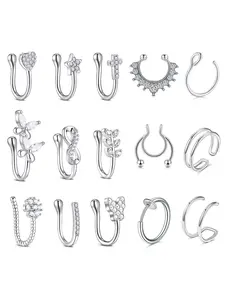 15pcs Stainless Steel Fake Nose Rings Pack Clip On Nose Ring Butterfly Flower Shape Fake Piercing Nose Ring U-Shaped Nose Jewelry Set Nose Cuff