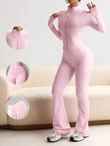 Women's Yoga Bell Bottoms Set, Active Wear, Sportswear Set, Sporty Long Sleeve Jacket & High Waist Leggings, Full Zipper, Thumb Holes, Sweat-Wicking, All Seasons