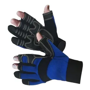 Blue Mechanic Finger Cut Glove for Cleaning - Spandex Fabric & Synthetic Leather Palm Patch