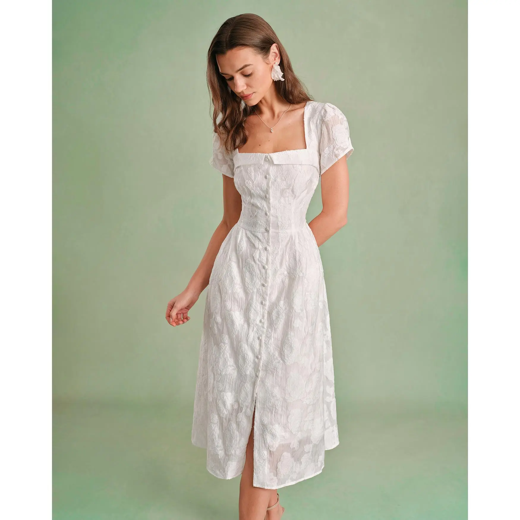 Rihoas Women's Classy A-Shaped Elevated Casual Woven Polyester Square Neck Short-Sleeve X-Cross Waisted Midi Dress - Floral Print, Button Accents, Adjustable Fit, Soft Fabric (Casual Wear, Women's Clothes)