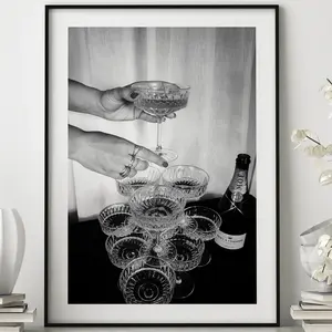 Wall Art, Vintage Print, Bar Pub Black And White Wall Art, Photography Prints, Champagne Glasses Poster, Room Decor, Unframed