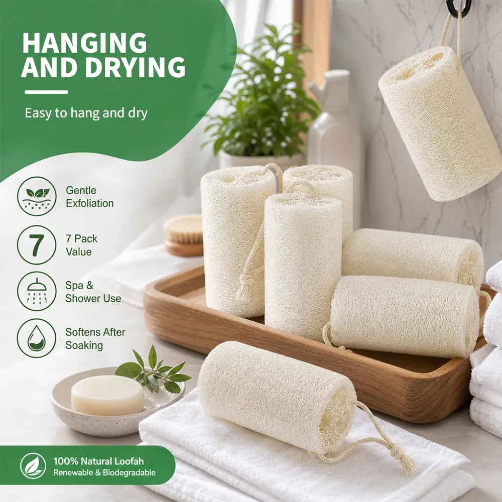 7pcs Organic Natural Fiber Luffa Scrubber - 5in Biodegradable Bath & Personal Exfoliating Accessory, Sensitive-Safe Soft Exfoliation Tool, Specialty Kitchen Utensil (Expands When Wet)