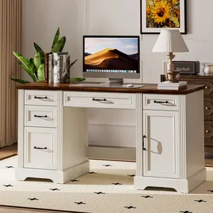 Spurgehom 58 Inch Executive Desk, Farmhouse Style Computer Desk with Drawers & Storage Cabinet, Wooden Home Office Desk Workstation, Study Writing Table for Home Office