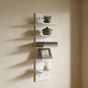 Five-layer white PVC wall rack, Wall shelf unit, heavy-duty floating shelf, self-adhesive wall-mounted storage rack without drilling, suitable for displaying plants, books in the bedroom, bohemian-style home decor display rack (Model: DM148)