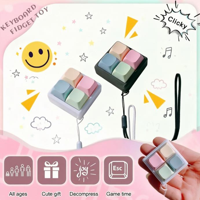 Macaron Mechanical Keyboard Fidget Toy, 4-Key Clicky Sound Stress Relief Keychain, Portable Sensory Gadget for Office & Study, Cute Gift for Adults & Kids