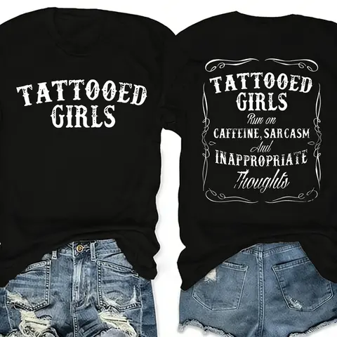 Women's Tattooed Girls Print Round Neck Tee, Vintage Trendy Casual Chic Minimalist Short Sleeve T-shirt for Daily Wear, Ladies Summer, Top, Streetwear, Womenswear Oversized Apparel Tshirt