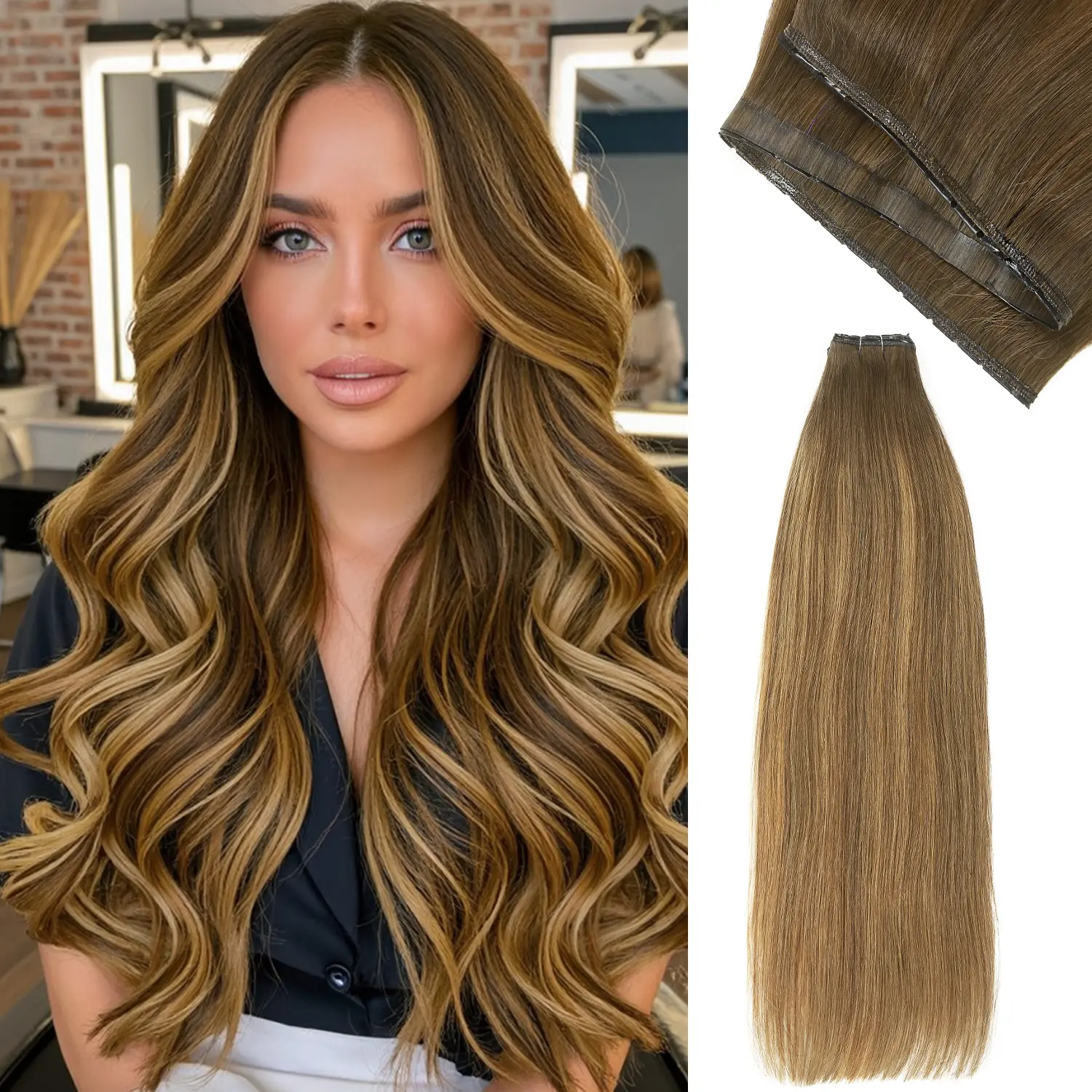 Invisible Hair Extensions Human Hair OVO Double Weft Hair Extensions Highlight Brown 100% Remy Human Hair Hade-woven Layered Weft Hair Extensions for Women