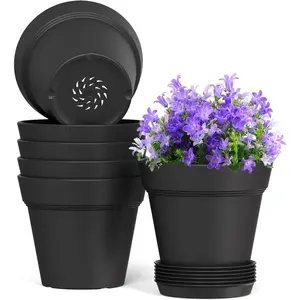 7 Inch Thick Plastic  Pots with Drainage Holes and Trays - 6 Pack  Pots for Indoor & Outdoor House , Seedling Starter Planters for Garden , Matte Black