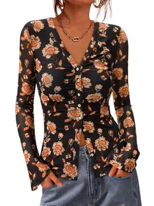 BTFBM Button Down Shirts for Women Fall Fashion 2025 V Neck Long Sleeve Blouse Ruched Mesh Fitted Floral Print Boho Tops