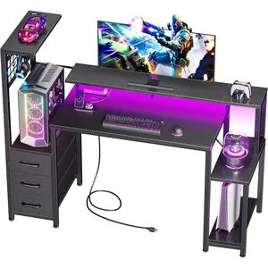 48 Inch Gaming Desk with LED Lights & Power Outlets,Computer Desk with Fabric Drawers & Side Hook,Reversible Gamer Table with Monitor Stand for Game Room,Home Office,Carbon Fiber Black