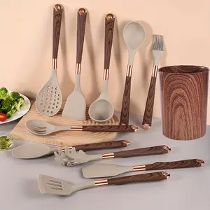 Kitchen Cooking Utensils Set, 10pcs Non-Stick Silicone Utensil Gadgets Tools Set with Holder, Wooden Handle Silicone Kitchen Gadgets Utensil Set for Nonstick Cookware, Dishwashing Safe