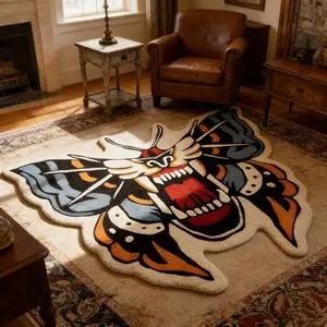 Unique Irregular Moth Shape Vintage American Rug, Boho Chic Soft Plush Carpet, Washable and Easy Care Mat for Living Room and Bedroom, Boho Graphic Rug