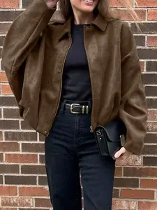 Spring & Fall Suede Texture Zipper Button Pilot Jacket Coat, Stylish Turn-Down Collar Design, Perfect for Casual Wear