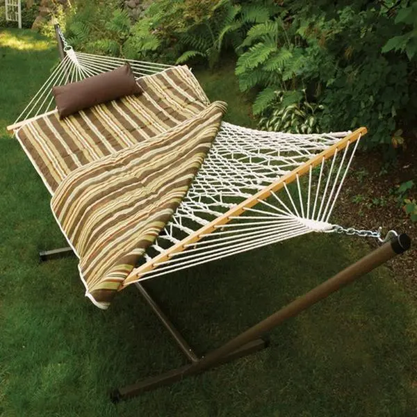 Algoma Outdoor Cotton Rope Hammock Stand Pad and Pillow Combination - For 12 ft Outdoor Hammocks with Steel Beam Support, Spreader Bars, Natural Rope Compatibility, Outdoor Hammock, 12 Ft Stand