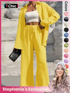 【Stephanie's Exclusive】 Women's Fashion Set, Loose-Fitting Casual Long Sleeve Tie Front Shirt and Wide Leg Pants, Spring & Fall Outfit Womenswear
