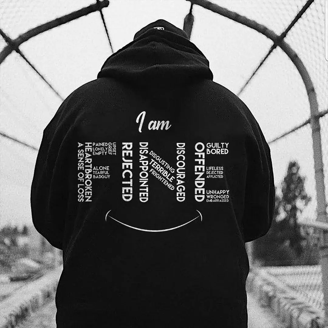 I AM FINE Letter Graphic Casual Black Print Hoodie for Men Summer Medium Length Plain Tops Bestie Wetsuit Beige Tropical Menswear