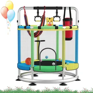 Kids 55 Inch Indoor Mini Trampoline with Fence, Seamless Safety Design, 440 lb Capacity, Adjustable Gymnastics Bar, Suitable for Small Children Fun