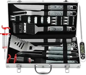 Grilljoy 24PCS BBQ Grill Tools Set with Meat Thermometer & Injector - Extra Thick Stainless Steel Fork Spatula Tongs - Perfect Grill Gifts for Men Grey kitchen gadget kitchen items kitchen accessories grills Utensils Kitchenware Portable