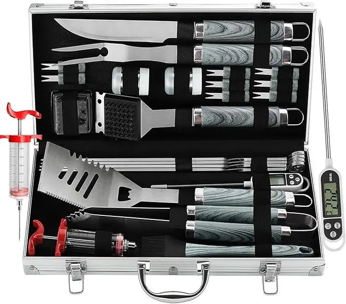 Grilljoy 24PCS Stainless Steel BBQ Grill Utensils Set - Extra Thick Fork, Spatula, Tongs, Grill Brush, Meat Thermometer, Injector - Portable Grey Kitchenware, Father's Day Dad Gift for Men, Portable Grey Kitchenware