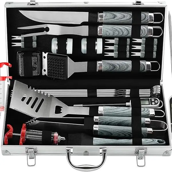 Grilljoy 24PCS Stainless Steel Gold Grills BBQ Utensils Set - Extra Thick Fork, Spatula, Tongs, Grill Brush, Meat Thermometer, Injector - Portable Grey Kitchenware, Father's Day Gift for Men, Camping Essential