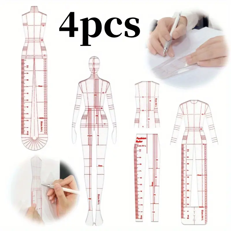 4 Models Fashion Illustration Rulers,Fashion Sketching Templates Ruler,Fashion Sketching Ruler Sewing Humanoid Patterns Design,Clothing Measuring French Curve Rulers A4 Pattern Paper Draft Drawings,DIY Hand Tools Kits,Springtok