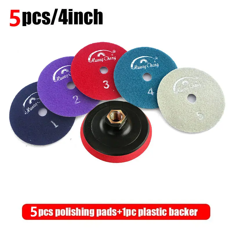 Huang Chang 4 Inch Diamond Polishing Pads with 5/8’’-11 Backer Pad, 6PCS Dry Granite Stone Polish Pad Kit for Drill, Grinder, Polisher, 1-5 Grit Polishing Pad for Concrete Marble Rock Countertop Quartz
