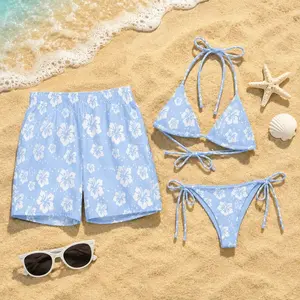 Light Blue Hawaiian Couple Swimsuit Set Floral Bikini & Matching Beach Shorts Summer Vacation Swimwear