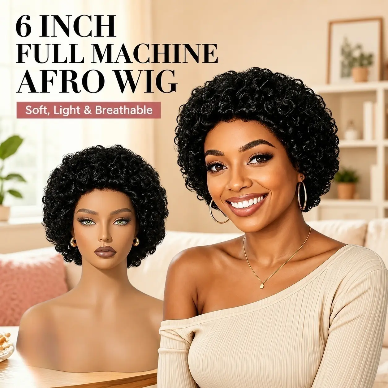 [Short Curly Afro Wig] Afro Wigs for Women Short Curly Wig with Bangs Afro Wig Fluffy and Soft Natural Looking - Human hair Wig for Women