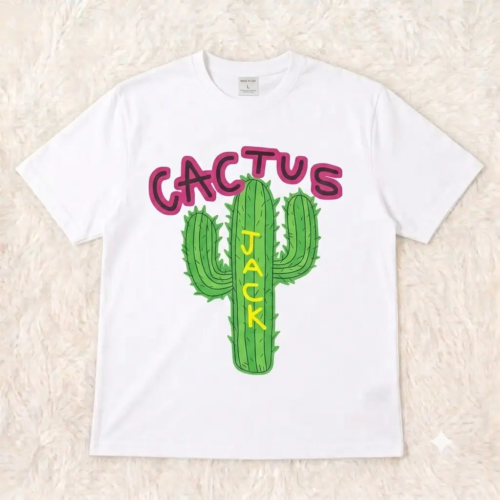 Women's Cactus Jack Light Blue Graphic T-Shirt - Unisex Menswear Top, Hip Hop Streetwear Oversized Tee, Vintage Cactus Lettering Cotton Fabric Shirt