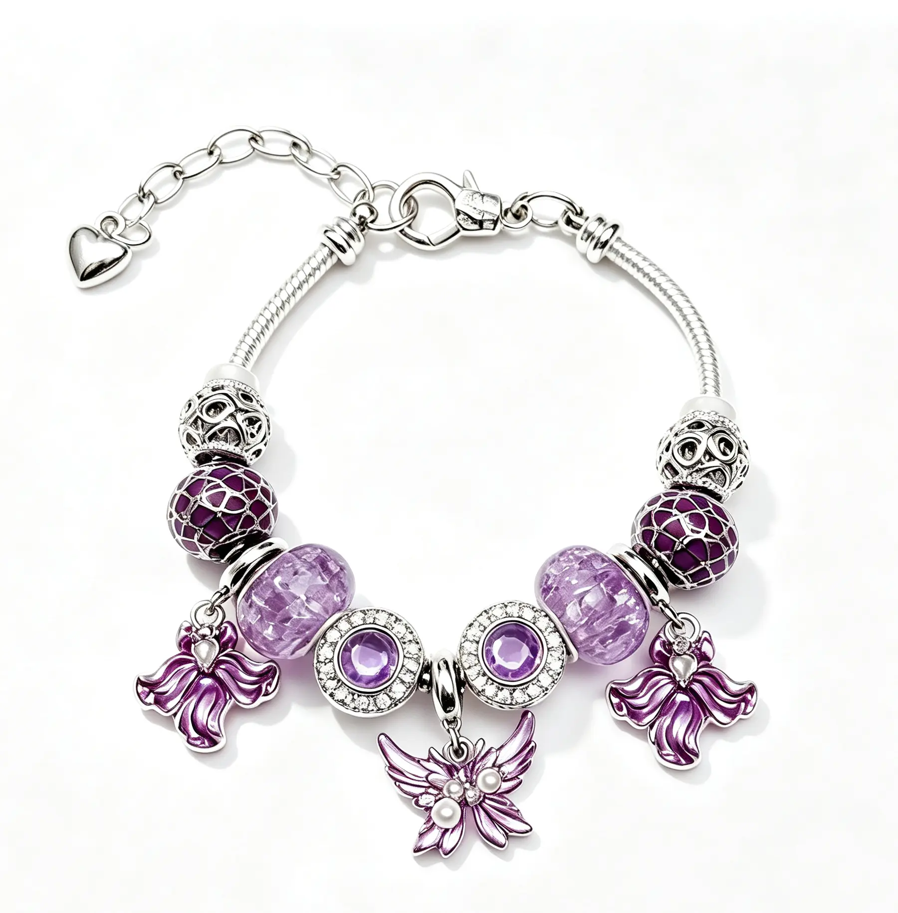 Purple Butterfly Angel Charm Snake Chain Bracelet, 9.85 Inches Adjustable Extension Chain Beaded Bracelet with Purple Crystal Beads, Fashion Jewelry Gift for Women Teen Girls