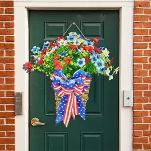 Independence Day Hanging Flower Basket, Front Door Hanging Decor, Spring Summer Artificial Hydrangea Basket Wreath Wall Hanging, for 4th of July Home Wall Porch Decoration