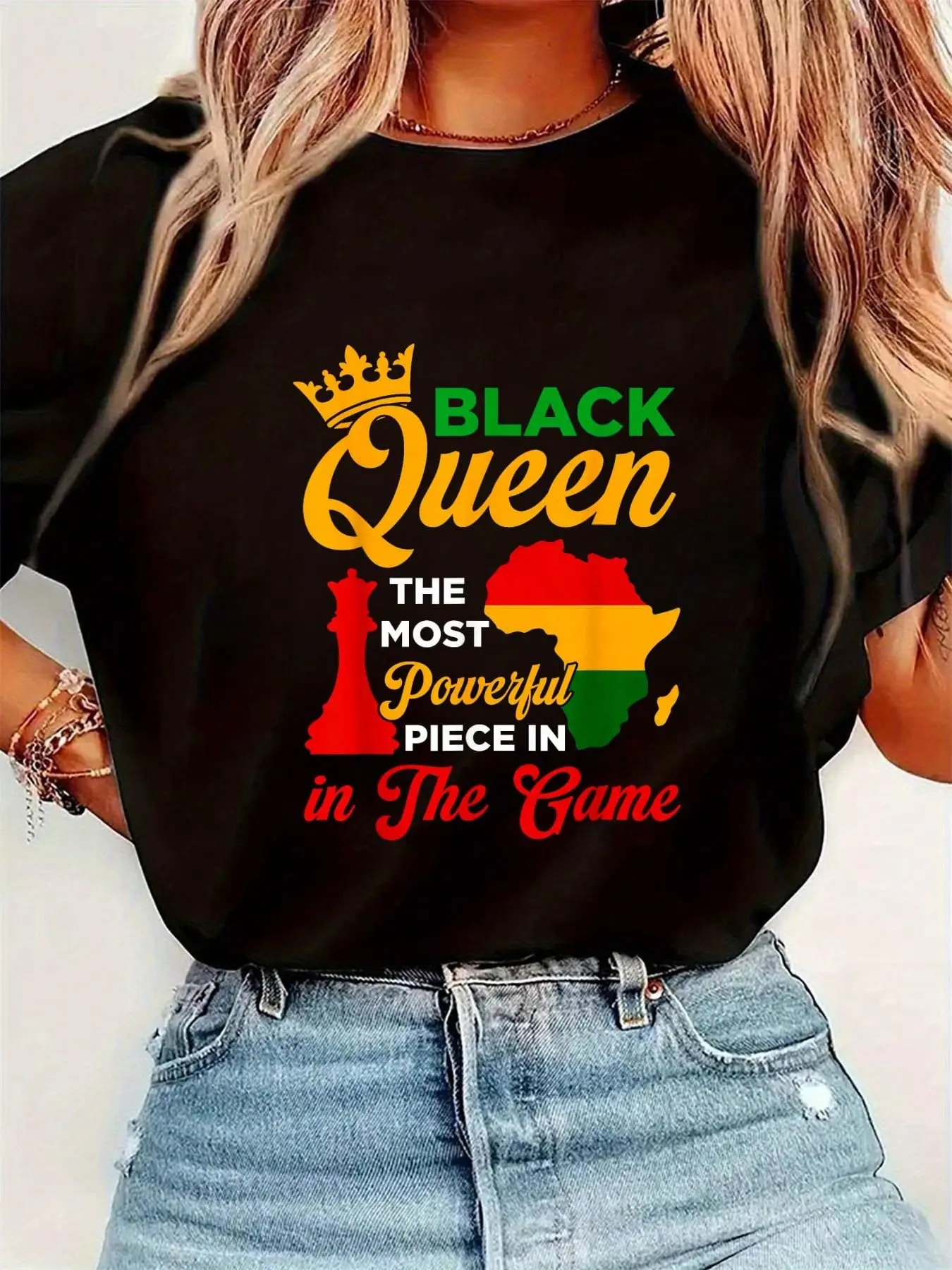 Black Queen Chess Powerful Piece In The Game Juneteenth T-Shirt Womens Round Neck Short Sleeve T-Shirt Fashion Graphic T
