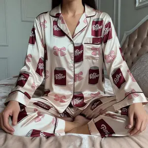 Coquette Bow Dr Pepper Satin Pajamas Set Christmas Pajamas Family Matching Pyjama Coquette Pajama Dr Pepper Lover Sleepwear Diet Pepper Relaxed Fit Design Comfortable Flexible Elastic Waistband