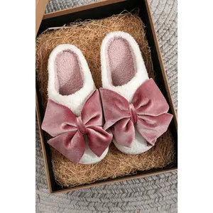 White Glister Ribbon Bow Decor Contrast Liner Plush Slippers