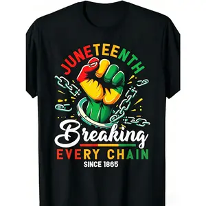 Men's Juneteenth T-Shirt - Breaking Every Chain Since 1865 Graphic Tee with Vibrant Green & Yellow Fist Symbol, African American Freedom Shirt, Casual Wear & Juneteenth, Machine Washable