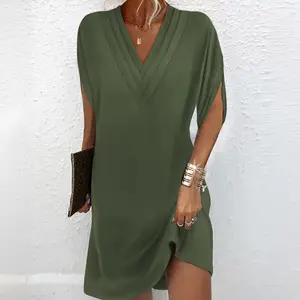 New Women's Spring and Summer V-Neck Pleated Bat Sleeve Dress