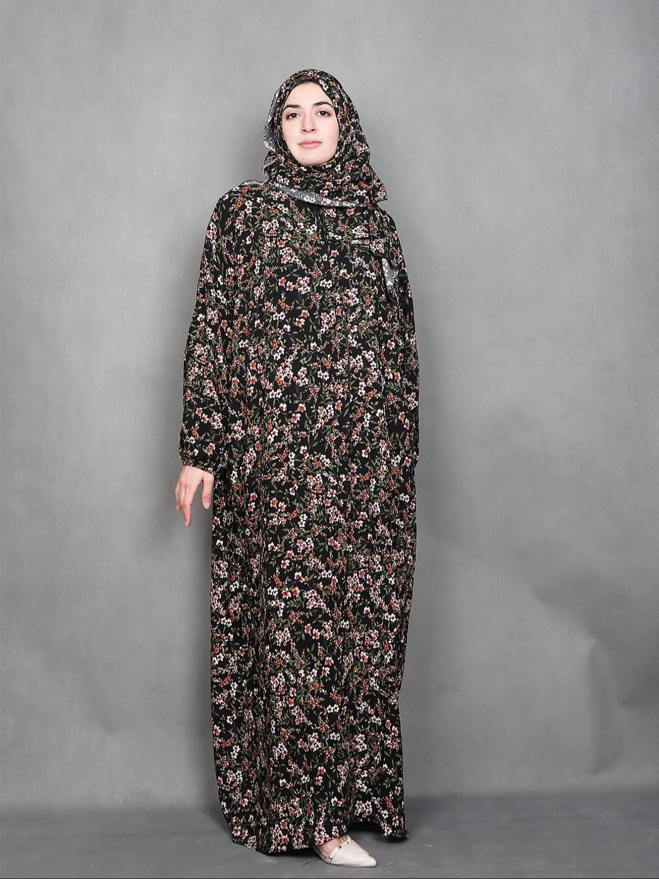 Women's Ditsy Floral Print Long Sleeve Maxi Prayer Dress with Hijab, For Muslim Modest Casual Maxi Dress  for Daily Wear, Modest Dresses, Ladies Islamic Clothing for All Seasons, Modesty Muslim Clothing