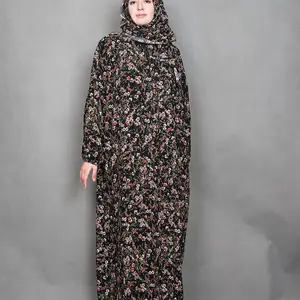 Women's Ditsy Floral Print Long Sleeve Maxi Prayer Dress with Hijab, Modest Casual Maxi Dress  for Daily Wear, Ladies Islamic Clothing for All Seasons