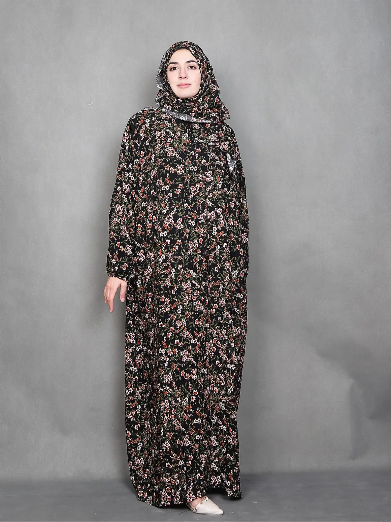 Women's Ditsy Floral Print Long Sleeve Maxi Prayer Dress with Hijab, Modest Casual Maxi Dress for Daily Wear, Ladies Islamic Clothing for All Seasons