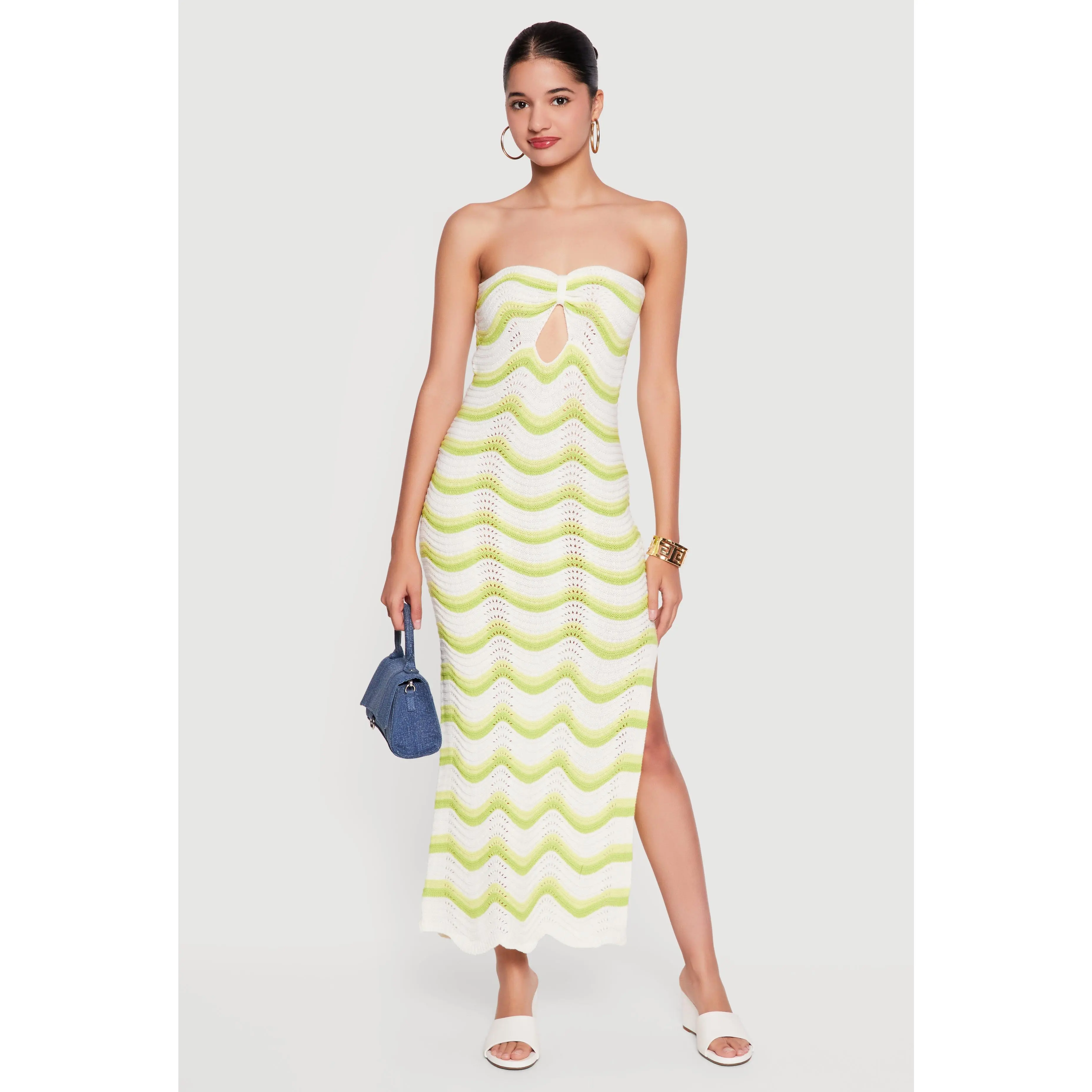 Side Slit Wavy Stripe Pointelle Knit Tube Dress