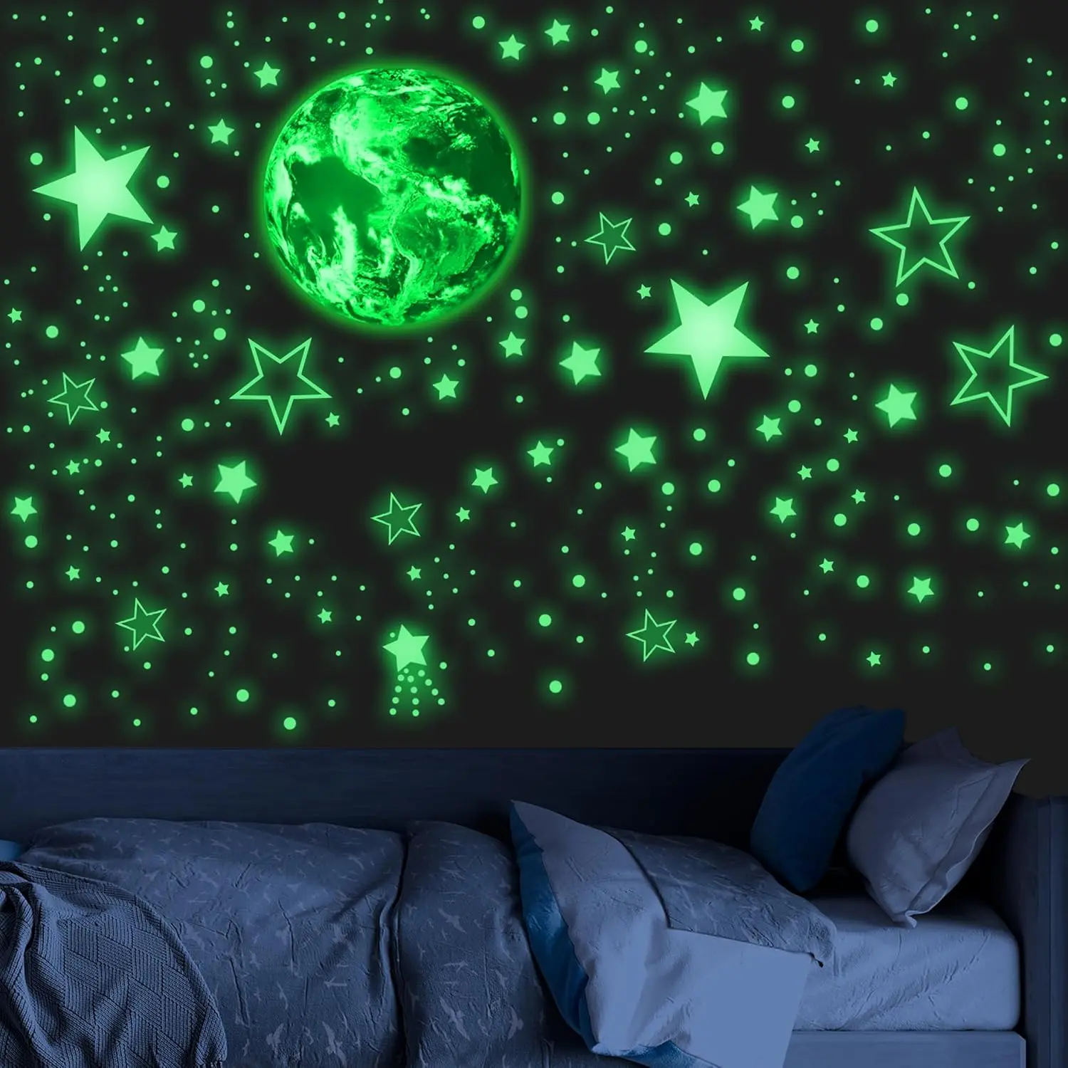 Glow in The Dark Stars and Earth Ceiling Decals, Luminous Wall Stickers, Room Decor, Glowing Galaxy Decorations (Green)