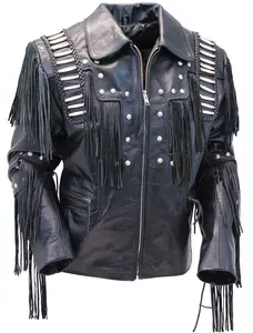 JAMIN LEATHER® Bones & Braids Fringe Leather Jacket #M1706FBB - Black Buffalo Leather, Distressed Style, Soft Nylon Lining, Zip Front Pockets, Western Men's Coat