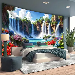 Extra Large Landscape Waterfall Floral Tapestry - Vibrant Polyester Hangable Cloth, Easy Installation, Indoors Decor for Living Room, Bedroom, Office Backdrop, Peach Light Beige Texture, Serene Ambiance