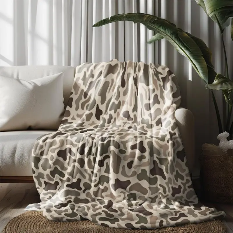 Earth Tone Camo Print Flannel Blanket - Ultra-Soft Cozy Warm Napping Throw, Custom Graphic Digital Printing Fashion Blanket for Bedroom, Office Use, Custom Graphic Blankets, Digital Printing Blankets