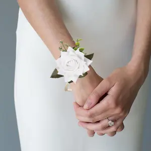 Corsage and Boutonniere Set for Wedding Prom Bride and Groom Velvet Roses Wrist Corsage Bracelet with Matching Boutonniere