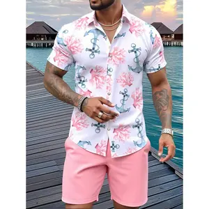 2pcs Men's Anchor & Coral Print Casual Vacation Short Sleeve Shirt & Shorts Set Polyester Regular Fit Summer Wear men's 2 piece set Clothes Fabric Menswear Pants